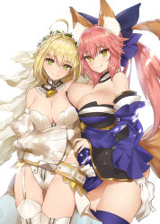Rule 34 | 10s, 2girls, ahoge, animal ears, asymmetrical docking, bare shoulders, blonde hair, blue bow, blue thighhighs, bow, breast press, breasts, bridal veil, chain, cleavage, detached collar, detached sleeves, fate/extra, fate/extra ccc, fate/grand order, fate (series), flower wreath, fox ears, fox girl, fox tail, garter straps, gloves, green eyes, hair between eyes, hair bow, hair ribbon, japanese clothes, large bow, large breasts, leotard, lock, long hair, looking at viewer, multiple girls, nero claudius (bride) (fate), nero claudius (bride) (second ascension) (fate), nero claudius (fate), nero claudius (fate) (all), padlock, pink hair, ponytail, puffy sleeves, purple legwear, ribbon, short hair, short hair with long locks, simple background, smile, tail, tamamo no mae (fate/extra), thigh gap, thighhighs, thighs, veil, white background, white gloves, white legwear, white leotard, wide sleeves, yaman (yamanta lov), yellow eyes