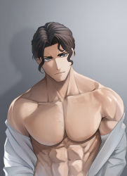 Rule 34 | 1boy, abs, bare shoulders, black hair, blue eyes, formal, highres, looking at viewer, male focus, muscular, muscular arms, muscular male, nikola tesla (shuumatsu no valkyrie), partially undressed, pectorals, serious, short hair, shuumatsu no valkyrie, solo, suit