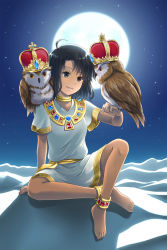 Rule 34 | 1girl, ahoge, animal on arm, anklet, barefoot, bird, bird on arm, black eyes, black hair, breasts, commentary request, crown, desert, dress, full body, full moon, gem, gold, jewelry, looking at viewer, medium breasts, medium hair, moon, natsuya (kuttuki), necklace, night, owl, parted lips, sand, sitting, sky, smile, solo, star (sky), starry sky, v-neck, venus blade, white dress