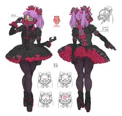 Rule 34 | 1girl, battlesuit, black footwear, breasts, cleavage, commentary, des (desvitio), dress, english commentary, frills, full body, gun, hair ornament, handgun, high heels, mechanical spine, neck, original, simple background, skirt, small breasts, thighs, twintails, weapon