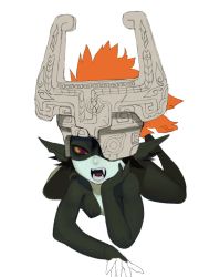 Rule 34 | 1girl, bad id, bad twitter id, black nipples, black skin, breasts, colored nipples, colored sclera, colored skin, completely nude, conto, fangs, feet up, full body, grey skin, helmet, long hair, looking at viewer, lying, midna, multicolored skin, nintendo, nipples, nude, on stomach, one eye covered, open mouth, orange hair, small breasts, solo, the legend of zelda, the legend of zelda: twilight princess, the pose, tsurime, two-tone skin, white background, yellow sclera