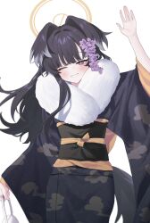 Rule 34 | 1girl, alternate costume, animal ears, bag, black hair, black kimono, black sash, blue archive, blush, cloud print, commentary request, danbal, dog ears, dog girl, dog tail, flower, fur-trimmed kimono, fur trim, hair flower, hair intakes, hair ornament, halo, hand up, handbag, hibiki (blue archive), highres, holding, holding bag, japanese clothes, kimono, long hair, looking at viewer, obi, one eye closed, parted bangs, parted lips, purple eyes, purple flower, sash, simple background, solo, tail, upper body, waving, white background, wide sleeves, yellow halo