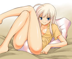 Rule 34 | 1girl, blonde hair, blue eyes, breasts, covered erect nipples, crossed legs, hanna-justina marseille, legs, long hair, medium breasts, miritsu, mirutsu (milts), panties, pillow, sitting, smile, solo, strike witches, underwear, witches of africa, world witches series