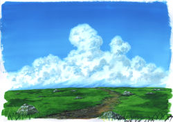 Rule 34 | blue sky, cloud, dated, day, grass, highres, no humans, original, outdoors, path, photoshop (medium), road, rock, sawitou mizuki, scenery, sky, traditional media