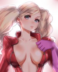 Rule 34 | 1girl, absurdres, blonde hair, blue eyes, bodysuit, breasts, cleavage, gloves, highres, persona, persona 5, pink gloves, quanero, red bodysuit, takamaki anne, twintails, undressing, unzipped, unzipped bodysuit, unzipping, zipper, zipper pull tab