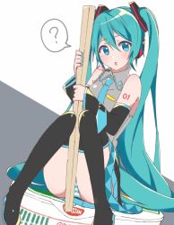 Rule 34 | ?, aqua eyes, aqua hair, aqua nails, aqua necktie, bare shoulders, belt, black skirt, black thighhighs, blush, chopsticks, commentary, detached sleeves, grey shirt, hair ornament, hatsune miku, headphones, headset, highres, holding, holding chopsticks, knees together feet apart, knees up, long hair, looking at viewer, mini person, minigirl, nail polish, necktie, nissin, nissin cup noodle, noodle stopper, open mouth, panties, shirt, shoulder tattoo, sitting, skirt, sleeveless, sleeveless shirt, solo, speech bubble, spoken question mark, striped clothes, striped panties, supo01, tattoo, thighhighs, twintails, underwear, very long hair, vocaloid