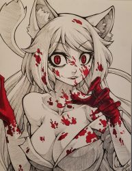 Rule 34 | 1girl, animal ear fluff, animal ears, bakemonogatari, bare shoulders, black hanekawa, blood, blood on clothes, blood on face, breasts, cat ears, cat girl, cat tail, cleavage, commentary, commission, english commentary, evil smile, fingernails, hanekawa tsubasa, highres, jgeorgedrawz, large breasts, long fingernails, long hair, looking at viewer, monochrome, monogatari (series), off shoulder, open mouth, pajamas, red eyes, slit pupils, smile, solo, spot color, tail, very long hair