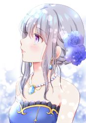 Rule 34 | 1girl, bare shoulders, blue dress, blush, commentary request, dress, earrings, flower, from side, grey hair, hair flower, hair ornament, highres, jewelry, looking to the side, necklace, original, parted lips, purple eyes, short hair with long locks, sidelocks, simple background, solo, strapless, strapless dress, tiramisu651, white background