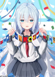 Rule 34 | 1girl, blue eyes, confetti, epaulettes, grey hair, grey sailor collar, grey skirt, hibiki (kancolle), highres, holding, jacket, jacket on shoulders, kantai collection, long hair, looking at viewer, military jacket, neckerchief, pleated skirt, red neckerchief, sailor collar, school uniform, serafuku, skirt, smile, solo, string of flags, tachakan