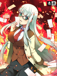 Rule 34 | 1girl, aqua eyes, breasts, card, coat, cosplay, crossover, fire, glasses, gradient background, highres, lailah (tales), long hair, multicolored hair, necktie, open mouth, read or die, red background, silver hair, skirt, tales of (series), tales of zestiria, very long hair, vest, yomiko readman, yomiko readman (cosplay)