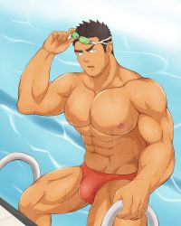 Rule 34 | 1boy, abs, absurdres, bara, black hair, goggles, green eyes, highres, kareraisu, large pectorals, looking at viewer, male focus, male swimwear, mature male, muscular, muscular male, navel, nipples, open mouth, original, pectorals, pool, poolside, red male swimwear, short hair, solo, spiked hair, swim briefs, topless male, water, wet