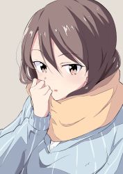 Rule 34 | 10s, 1girl, blue shirt, brown background, brown eyes, brown hair, cbgb, girls und panzer, hand on own face, highres, keizoku school uniform, long hair, long sleeves, looking at viewer, mika (girls und panzer), no headwear, orange scarf, parted lips, portrait, scarf, school uniform, shirt, simple background, solo, striped clothes, striped shirt, vertical-striped clothes, vertical-striped shirt, white shirt