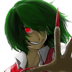 Rule 34 | 1girl, backlighting, bad id, bad pixiv id, blurry, claws, depth of field, evil grin, evil smile, female focus, fingernails, foreshortening, green hair, grin, hair over one eye, highres, kazami yuuka, long fingernails, looking at viewer, nail polish, portrait, red eyes, red nails, sharp teeth, short hair, slit pupils, smile, smirk, solo, staring, teeth, touhou, tracy51922