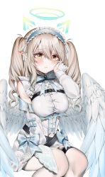 Rule 34 | 1girl, absurdres, alternate costume, angel wings, animal ears, belt, belt around breasts, blonde hair, blush, breasts, corset, dress, embarrassed, fake animal ears, feathers, feet out of frame, gloves, gradient hair, halo, highres, jewelry, large breasts, long hair, looking down, maid headdress, moonchii, multicolored hair, nanase eru, pantyhose, ribbon, skirt, twintails, varium, virtual youtuber, white pantyhose, wings, yellow eyes