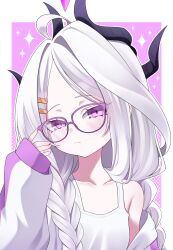 Rule 34 | 1girl, ahoge, alternate hairstyle, aoi ryo, bespectacled, black horns, blue archive, blush, braid, breasts, closed mouth, collarbone, demon horns, glasses, highres, hina (blue archive), horns, jacket, long hair, long sleeves, looking at viewer, multiple horns, open clothes, open jacket, purple-framed eyewear, purple eyes, small breasts, solo, tank top, twin braids, upper body, white hair, white jacket, white tank top