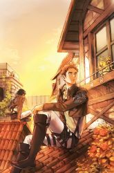 Rule 34 | 2boys, balcony, black hair, blonde hair, boots, brown footwear, building, crop top, flower, full body, glass, house, jean kirstein, knee boots, looking afar, male focus, multiple boys, outdoors, pants, plant, potted plant, railing, ritsuko (rittii), rooftop, rose, shingeki no kyojin, sitting, sunlight, sunset, thigh strap, tile roof, uniform, window