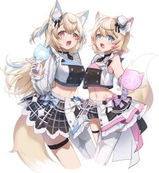 Rule 34 | 2girls, animal ears, bare shoulders, black skirt, blonde hair, blue eyes, blue hair, breasts, collaboration, commentary, cowboy shot, cropped vest, dog ears, dog girl, dog tail, english commentary, fuwawa abyssgard, holding, hololive, hololive english, large breasts, long hair, midriff, miniskirt, mococo abyssgard, multicolored hair, multiple girls, navel, pink eyes, pink hair, short hair, simple background, single leg pantyhose, skirt, small breasts, sobbi11, tail, transparent background, two-tone hair, two side up, vest, white skirt, za1j1n