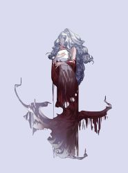 Rule 34 | 1girl, bare arms, bare shoulders, blood, chinese commentary, closed mouth, commentary request, closed eyes, highres, hollow eyes, hug, lanhui814, long hair, lord of the mysteries, lovia (lord of the mysteries), hugging object, silver hair, simple background, skull