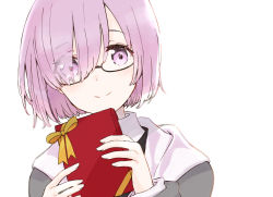 Rule 34 | 1girl, artist request, black-framed eyewear, blush, bow, box, closed mouth, commentary request, eyes visible through hair, fate/grand order, fate (series), fingernails, gift, gift box, glasses, grey jacket, hair over one eye, highres, holding, holding box, holding gift, hood, hood down, hooded jacket, jacket, light purple hair, long sleeves, looking at viewer, mash kyrielight, multicolored clothes, multicolored jacket, open clothes, open jacket, purple eyes, short sleeves, simple background, smile, solo, two-tone jacket, upper body, valentine, white background, white jacket, yellow bow