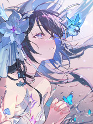 Rule 34 | 1girl, ahoge, bare shoulders, blue butterfly, blue flower, blue petals, blush, breasts, bug, butterfly, chest tattoo, cleavage, dress, eyelashes, facial mark, flower, hair between eyes, hair flower, hair ornament, highres, honkai (series), honkai impact 3rd, insect, long hair, looking up, medium breasts, nail polish, necktie, okku, own hands together, parted lips, petals, pink nails, praying, purple eyes, purple hair, seele vollerei, seele vollerei (herrscher of rebirth), solo, strapless, strapless dress, tattoo, upper body, water, water drop, white necktie