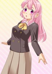 Rule 34 | 1girl, black jacket, blush, bow, bowtie, breasts, brown skirt, cowboy shot, dutch angle, female focus, gradient background, highres, jacket, long hair, long sleeves, looking at viewer, medium breasts, open mouth, original, pink eyes, pink hair, pleated skirt, school uniform, shirt, simple background, skirt, solo, standing, white shirt, yellow bow, yellow bowtie, zegga