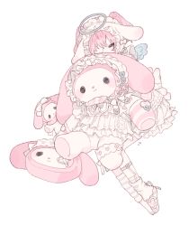 Rule 34 | 1girl, angel wings, animal ears, bonnet, closed eyes, commentary request, dress, frilled dress, frills, full body, halo, leg warmers, maid headdress, mini wings, my melody, onegai my melody, original, pink footwear, pink hair, pink theme, rabbit ears, sanrio, shoes, simple background, single shoe, sitting, solo, twintails, u emper, white background, white dress, wings