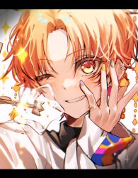 Rule 34 | 1boy, commentary, crown, ear piercing, fingernails, hand on own face, hand up, hello good day! (project sekai), highres, jewelry, jiri (jirijiri 418), letterboxed, looking at viewer, male focus, official alternate costume, official alternate hairstyle, one eye closed, orange eyes, orange hair, piercing, project sekai, purple nails, ring, short hair, smile, solo, teeth, tenma tsukasa, yellow nails