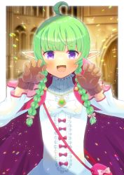 Rule 34 | 1girl, :d, ahoge, bag, blunt bangs, blurry, blurry background, blush, bow, braid, brown gloves, center frills, claw pose, cloak, commentary request, commission, depth of field, dress, fire emblem, frills, gem, gloves, green gemstone, green hair, hair over shoulder, hands up, kou hiyoyo, long hair, long sleeves, looking at viewer, nah (fire emblem), nintendo, open mouth, pink bow, pointy ears, purple cloak, purple eyes, red bow, shoulder bag, skeb commission, smile, solo, sweat, twin braids, v-shaped eyebrows, white bow, white dress