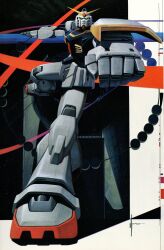 Rule 34 | absurdres, aiming, aiming at viewer, border, concept art, foreshortening, gundam, gundam mk ii, highres, mecha, mecha focus, no humans, o&#039;neill cylinder, robot, science fiction, signature, space, space habitat, syd mead, third-party source, traditional media, zeta gundam