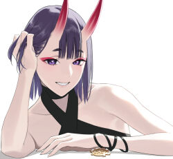 Rule 34 | 1girl, bare shoulders, breasts, collarbone, criss-cross halter, eyeliner, fate/grand order, fate (series), grin, halterneck, horns, looking at viewer, makeup, nakuta, oni, purple eyes, purple hair, short hair, shuten douji (fate), skin-covered horns, small breasts, smile, solo