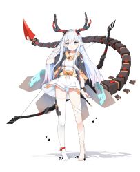 Rule 34 | 1girl, animal ear fluff, animal ears, antlers, barefoot, bell, blue eyes, blush, bow, bow (weapon), collarbone, glitch, hair between eyes, highres, horns, mechanical tail, no shoes, orange bow, original, panties, parted lips, paw print, pointy ears, simple background, single thighhigh, solo, standing, striped clothes, striped panties, tail, thighhighs, tyrant (dream-bmj), underwear, weapon, weapon on back, white background, white hair, white thighhighs