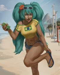 1girl alternate_breast_size beach bikini blue_eyes blue_hair blush brazil brazilian_flag brazilian_miku breasts curvy daek64 dark-skinned_female dark_skin earrings feet feet_up flip-flops foot_focus guarana_antarctica hatsune_miku highres jewelry large_breasts nail_polish sand sandals solo_focus swimsuit toenail_polish toenails toes vocaloid