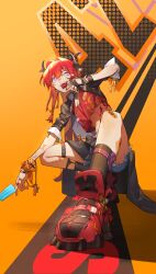 Rule 34 | 1girl, absurdres, arknights, black gloves, food, gloves, hair between eyes, hair ornament, highres, horns, ice cream, jewelry, long hair, necklace, purple eyes, red hair, red nails, red shirt, ring, shirt, shorts, single glove, surtr (arknights), thigh strap, tongue, tongue out, wushier