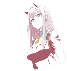 Rule 34 | 10s, 1girl, akino sora, darling in the franxx, hairband, horns, long hair, looking at viewer, pink hair, simple background, solo, zero two (darling in the franxx)