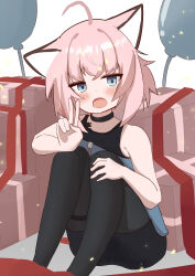 Rule 34 | 1girl, absurdres, ahoge, animal ears, arknights, balloon, bare arms, bare shoulders, black collar, black pantyhose, black skirt, blue eyes, blue shirt, blush, box, collar, commentary request, confetti, conripi, gift, gift box, highres, knees up, looking at viewer, open mouth, pantyhose, pink hair, shirt, simple background, sitting, skirt, solo, sussurro (arknights), white background