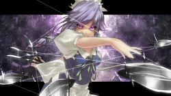 Rule 34 | 1g no izumi, 1girl, alternate eye color, alternate hair color, arm behind back, between fingers, blouse, braid, collared shirt, covered mouth, female focus, frown, glowing, highres, holding, incoming attack, izayoi sakuya, knife, letterboxed, maid, maid headdress, outside border, shirt, short hair, silver hair, solo, swept bangs, throwing knife, touhou, twin braids, weapon, white shirt