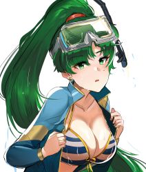 Rule 34 | 1girl, bikini, bikini top only, bodysuit, breasts, cleavage, collarbone, diving suit, earrings, fire emblem, fire emblem: the blazing blade, front-tie bikini top, front-tie top, green eyes, green hair, high ponytail, highres, jewelry, large breasts, long hair, lyn (fire emblem), nintendo, open mouth, open wetsuit, ormille, simple background, solo, striped bikini, striped bikini top, striped clothes, swimsuit, upper body, very long hair, wet, wetsuit, white background