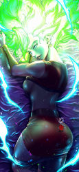 Rule 34 | 1girl, absurdres, ass, aura, bad id, bad pixiv id, bracer, breasts, clothes lift, dragon ball, dragon ball super, earrings, electricity, embers, energy, glowing, glowing hair, highres, jewelry, kale (dragon ball), kanchiyo, looking at viewer, lying, on side, pantylines, parted lips, shirt lift, shorts, shorts under skirt, sideboob, skirt, solo, static electricity, super saiyan