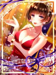 Rule 34 | 1girl, bangle, beamed eighth notes, blurry, blurry background, bob cut, bracelet, breast lift, breasts, brown hair, cleavage, collarbone, dress, earrings, eighth note, eyeshadow, glint, hand up, highres, indoors, izumi (stardustalone), jewelry, lipstick, looking at viewer, makeup, medium breasts, musical note, original, pink eyes, purple ribbon, quarter note, red dress, ribbon, short hair, solo, standing