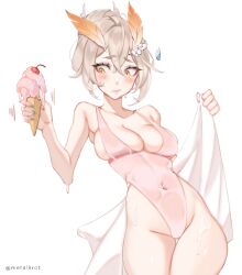 Rule 34 | 1girl, antennae, blonde hair, blue nails, blush, brown eyes, cherry, collarbone, commentary, covered navel, english commentary, food, fruit, highres, holding, holding towel, ice cream, ice cream cone, indie virtual youtuber, leaning back, looking down, melting, metalkrot, nail polish, nervous, one-piece swimsuit, pink one-piece swimsuit, sanagi yuzu, simple background, solo, sweat, sweatdrop, swimsuit, towel, twitter username, virtual youtuber, white background