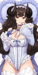 Rule 34 | 1girl, animal ears, bed sheet, bell, black hair, blue gloves, blunt bangs, breasts, bridal gauntlets, center frills, cleavage, commentary, cowboy shot, dakimakura (medium), frilled pillow, frilled sleeves, frills, gloves, hand to own mouth, highres, horizontal pupils, horns, iwbitu, large breasts, long hair, long sleeves, looking at viewer, lying, multiple views, neck bell, on back, original, parted lips, pillow, sheep ears, sheep girl, sheep horns, smile, solo, thigh gap, white fur, wide sleeves, yellow eyes