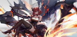 Rule 34 | 1girl, ahoge, arknights, arm guards, armlet, bag, bare shoulders, black dress, black footwear, black jacket, breasts, brown thighhighs, buckle, burnt clothes, calder, chain, cleavage, closed mouth, collarbone, detached collar, dress, eyebrows hidden by hair, giant, hair intakes, high heels, highres, horns, id card, infection monitor (arknights), jacket, large breasts, long hair, lava, off shoulder, open clothes, open jacket, purple eyes, red hair, sitting, smile, solo, surtr (arknights), thigh strap, thighhighs, underbust, very long hair