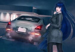 Rule 34 | 1girl, black dress, black pantyhose, blue eyes, blue hair, building, dress, floating hair, from behind, hand on own cheek, hand on own face, highres, itsuki gen, long hair, looking at viewer, looking back, night, night sky, nissan 350z, nissan fairlady z, original, pantyhose, parted lips, personification, radio antenna, ribbed dress, sky, smile, smoke, solo, vehicle and personification, vehicle focus, very long hair