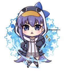 Rule 34 | 1girl, :&lt;, animal hood, black jacket, blue bow, blue eyes, blush, bow, chibi, commentary request, eyebrows hidden by hair, fate/grand order, fate (series), full body, hair between eyes, hood, hood up, hooded jacket, jacket, long sleeves, looking at viewer, meltryllis, meltryllis (fate), meltryllis (swimsuit lancer) (fate), meltryllis (swimsuit lancer) (first ascension) (fate), parted lips, penguin hood, popo (popopuri), purple hair, sleeves past fingers, sleeves past wrists, solo, sparkle, standing, star (symbol), triangle mouth, twitter username, v-shaped eyebrows