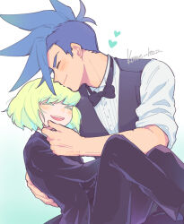 Rule 34 | 2boys, androgynous, artist name, blue hair, blush, bow, bowtie, carrying, closed eyes, commentary request, formal, galo thymos, gradient background, green background, green hair, hand on another&#039;s cheek, hand on another&#039;s face, hand on another&#039;s head, heart, highres, holding, kome 1022, lio fotia, male focus, mohawk, multiple boys, open mouth, promare, simple background, sleeves pushed up, smile, spiked hair, suit, white background