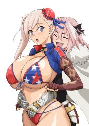 1boy 1girl :d :o alternate_breast_size american_flag american_flag_bikini american_flag_print astolfo_(fate) asymmetrical_hair bikini blue_eyes breasts bun_cover commentary_request fang fate/grand_order fate_(series) flag_print front-tie_bikini_top front-tie_top gauntlets hair_bun highres hug hug_from_behind huge_breasts iwao178 long_hair miyamoto_musashi_(fate) miyamoto_musashi_(fate/grand_order) miyamoto_musashi_(swimsuit_berserker)_(fate) miyamoto_musashi_(swimsuit_berserker)_(second_ascension)_(fate) navel open_mouth pink_hair print_bikini shrug_(clothing) single_hair_bun skin_fang smile surprised swept_bangs swimsuit white_background