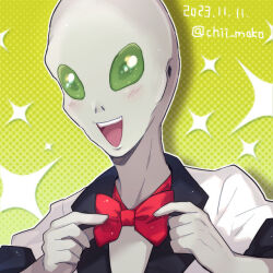 Rule 34 | 1boy, bald, bow, bowtie, chiimako, colored skin, gnosia, grey skin, happy, looking at viewer, open mouth, red bow, shigemichi, short sleeves, simple background, smile, solo, sparkle background