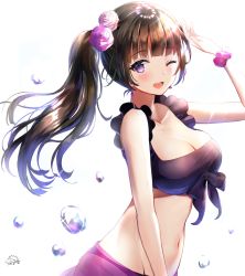 Rule 34 | 1girl, :d, arm up, bang dream!, bare shoulders, bikini, black bikini, black bow, black hair, blunt bangs, bow, bow swimsuit, breasts, cleavage, collarbone, cowboy shot, earrings, flower, from side, groin, hair flower, hair ornament, highres, jewelry, large breasts, light rays, long hair, looking at viewer, mia (fai1510), navel, one eye closed, one side up, open mouth, purple eyes, purple flower, purple rose, purple scrunchie, rose, sarong, scrunchie, see-through, see-through sarong, shirokane rinko, signature, simple background, smile, solo, sparkle, stomach, sunbeam, sunlight, swimsuit, water drop, white background, white flower, white rose, wrist scrunchie