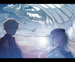 Rule 34 | 1boy, 1girl, backlighting, beret, blonde hair, blue eyes, blue hair, breasts, cleavage, cloud, copyright name, creature, dragon, closed eyes, hat, height difference, highres, letterboxed, light, light smile, long hair, medium breasts, nicole pmonachi, pixiv fantasia, pixiv fantasia 5, short hair, sky, wind