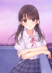 Rule 34 | 1girl, blurry, blurry background, brown eyes, brown hair, city lights, cloud, collared shirt, long hair, looking at viewer, nagidango, open mouth, original, plaid, plaid skirt, red neckwear, rooftop, school uniform, shirt, short sleeves, skirt, sky, solo, standing, sunset, twintails, uniform, white shirt